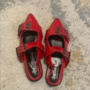 Seychelles Red Pointed-Toe Double-Buckle Mules